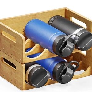 Bamboo Bottle Holder with Blue and Black Bottles